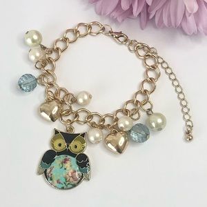 Blue Pearl owl charm bracelet